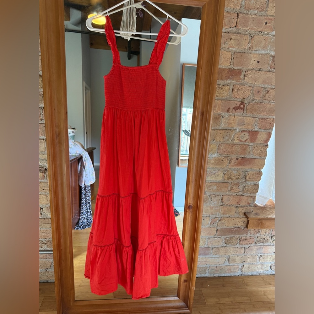 Red-Orange Smocked Tiered Maxi Sundress